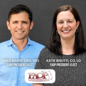 Man on left and woman on right, with names and titles in text in front of each and the logo for FAOP in the middle between them