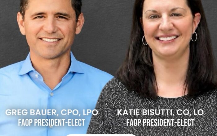 Man on left and woman on right, with names and titles in text in front of each and the logo for FAOP in the middle between them